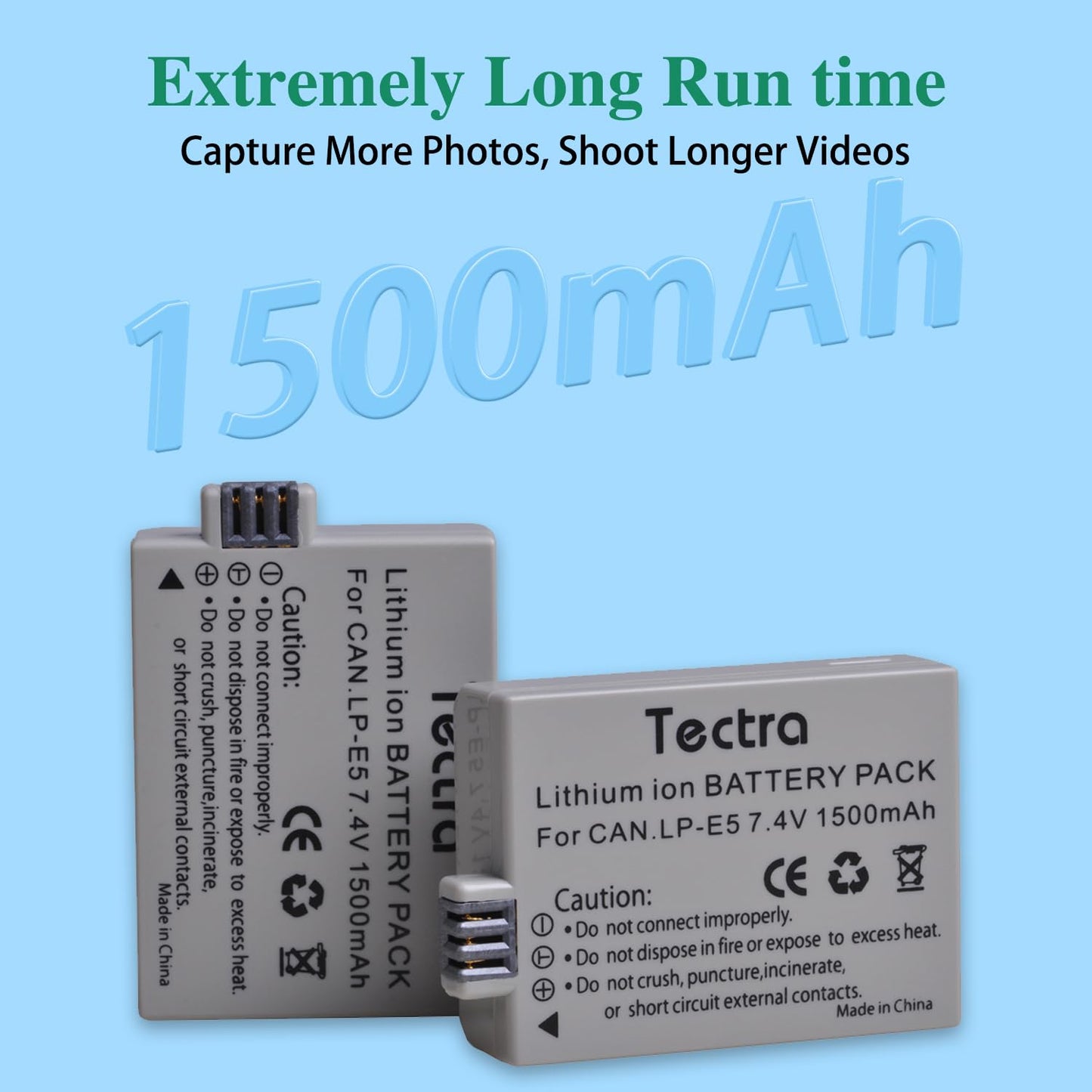 Tectra 2-Pack LP-E5 Battery and Charger Kits for Canon EOS Rebel XS, Rebel T1i, Rebel XSi, 1000D, 500D, 450D, Kiss X3, Kiss X2, Kiss F