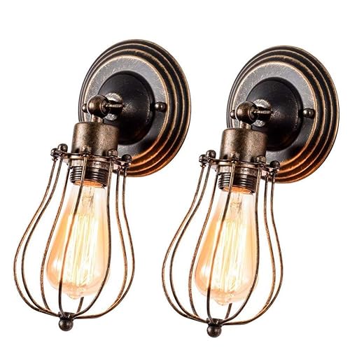 GLADFRESIT Vintage Wall Sconces Set of Two Industrial Wire Cage Light, Vintage Metal Barn Wall lamp, Indoor Farmhouse Lights Fixture Adjustable