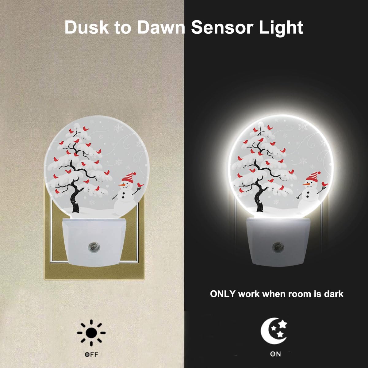 EKOBLA Snowman Night Light, Winter Snowflake and Cardinal Plug into Wall with Dusk to Dawn Sensor, 0.5W LED Energy Saving Nightlight for Kids Men