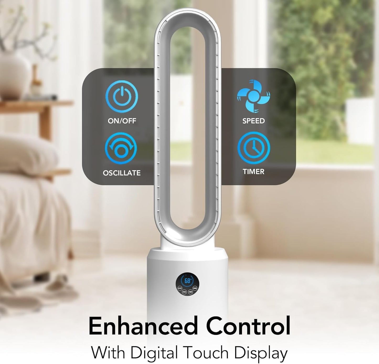 EZ-CHILL 40" Bladeless Tower Fan for Bedroom with Remote Control, 9H Timer, Wide Area Oscillation, Push Button Digital Display, 3 Speed Home Floor
