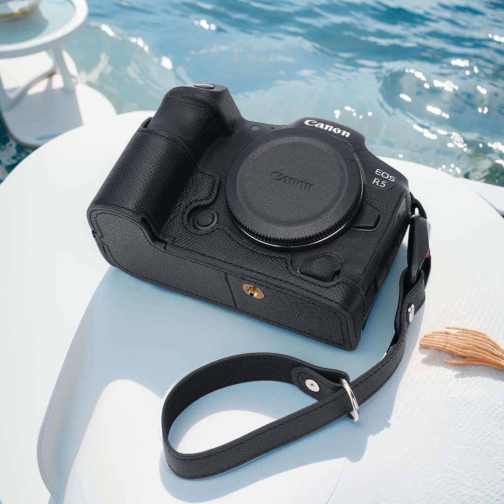 for Canon EOS R5 Camera Case,Handmade Genuine Real Leather Half Camera Case Bag Cover for Canon EOS R5 Camera Bottom Opening Version + Hand Strap