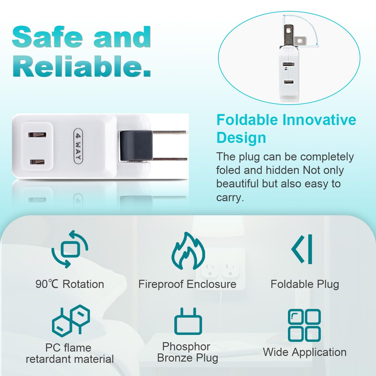 SYCON 4 Outlet Wall Adapter, 2-Prong Swivel Ungrounded Indoor AC Mini Plug Wall Tap - White