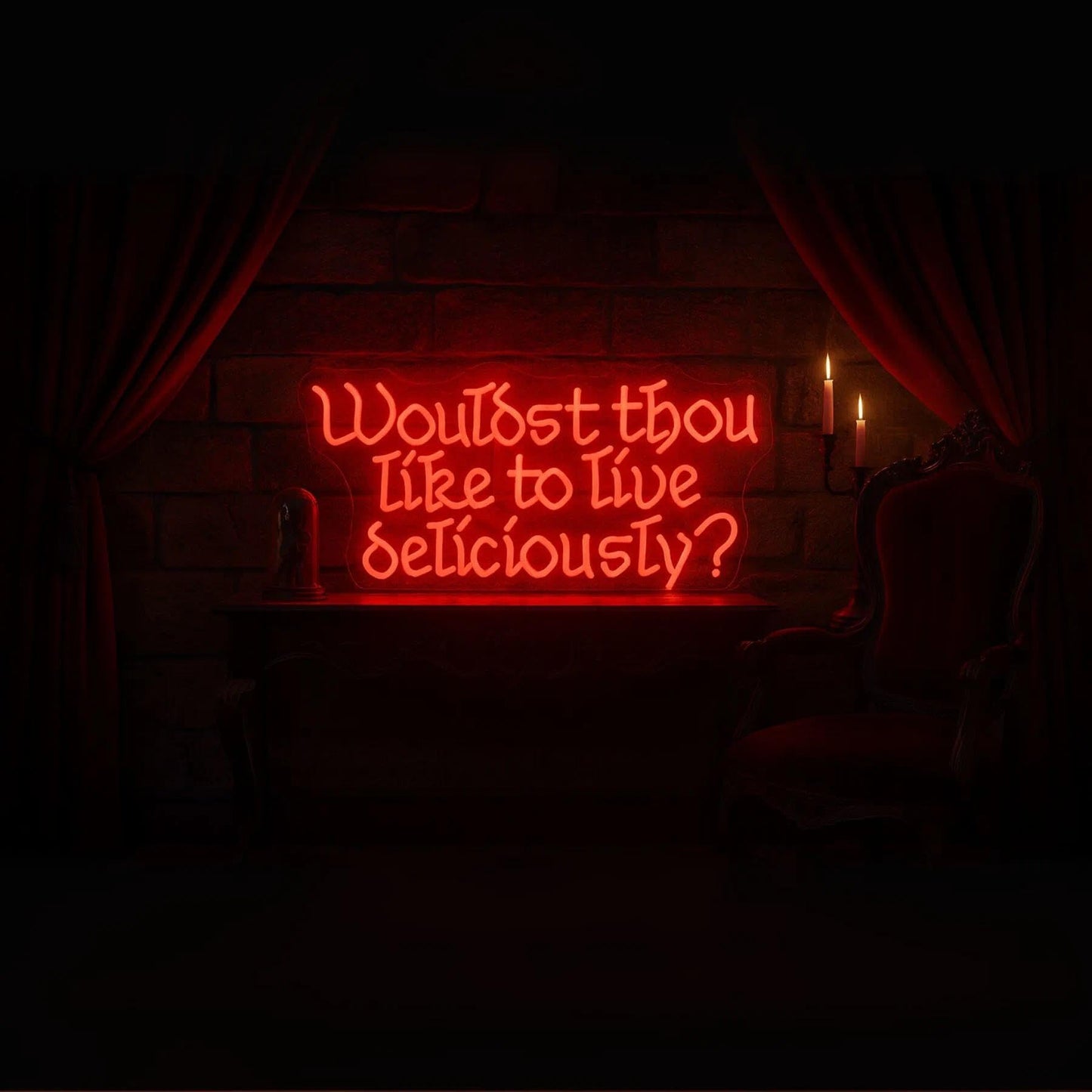 Wouldst Thou Like to Live Deliciously Neon Sign - Red Gothic Halloween Wall Decor, Spooky Witchy Horror Aesthetic Light for Home, Bar, or Party