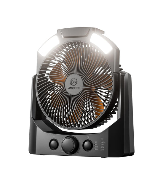 Camping Fan with LED Lantern, 8 Inch D-Cell Battery Operated Desk Fan with Timer, High Velocity Stepless Speed Control, Quiet,SOS Light, 180° Rotation