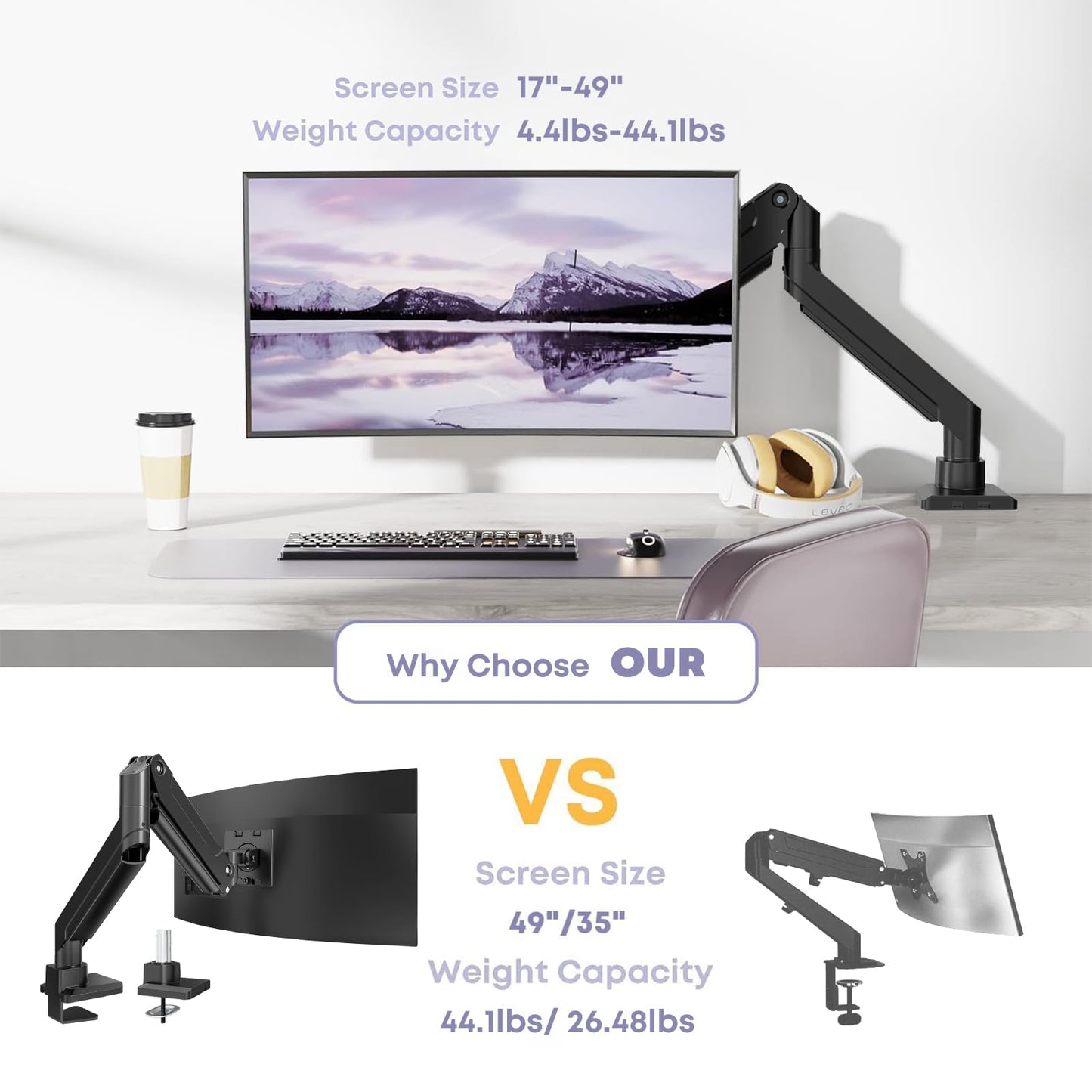 Heavy Duty Monitor Arm for Ultrawide Screens up to 49 inch and 39.6lbs, Premium Aluminum Single Desk Mount Stand with Gas Spring, VESA 75x75/100x100