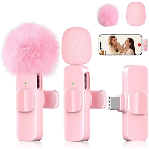 Pink Mini Wireless Microphone, Professional Lavalier Lapel Mic with USB-C & Lightning for iPhone, iPad, Android, iPhone Mic for Crystal Clear