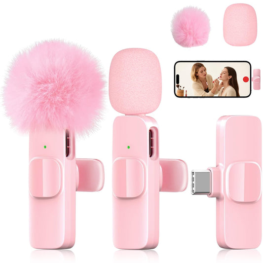 Pink Mini Wireless Microphone, Professional Lavalier Lapel Mic with USB-C & Lightning for iPhone, iPad, Android, iPhone Mic for Crystal Clear
