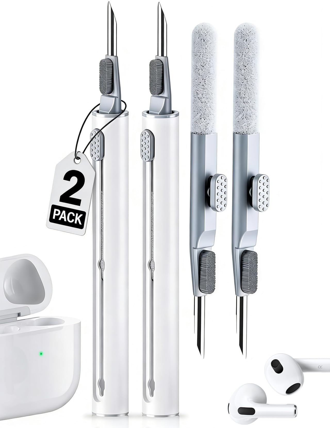 2 Pack Cleaner Kit for Airpods Pro 4 3 2 1, Multi-Function Cleaning Pen Tool with Soft Brush Flocking Sponge for Wireless Earbuds Bluetooth Headphone