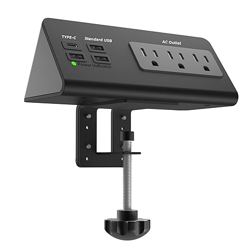 Power Charge Station Edge clamp Mount with USB-C Ports?Tabletop Surge Protector, Desk Clamp Power Sockets with 3 AC Outlets and 4 Fast Charging USB