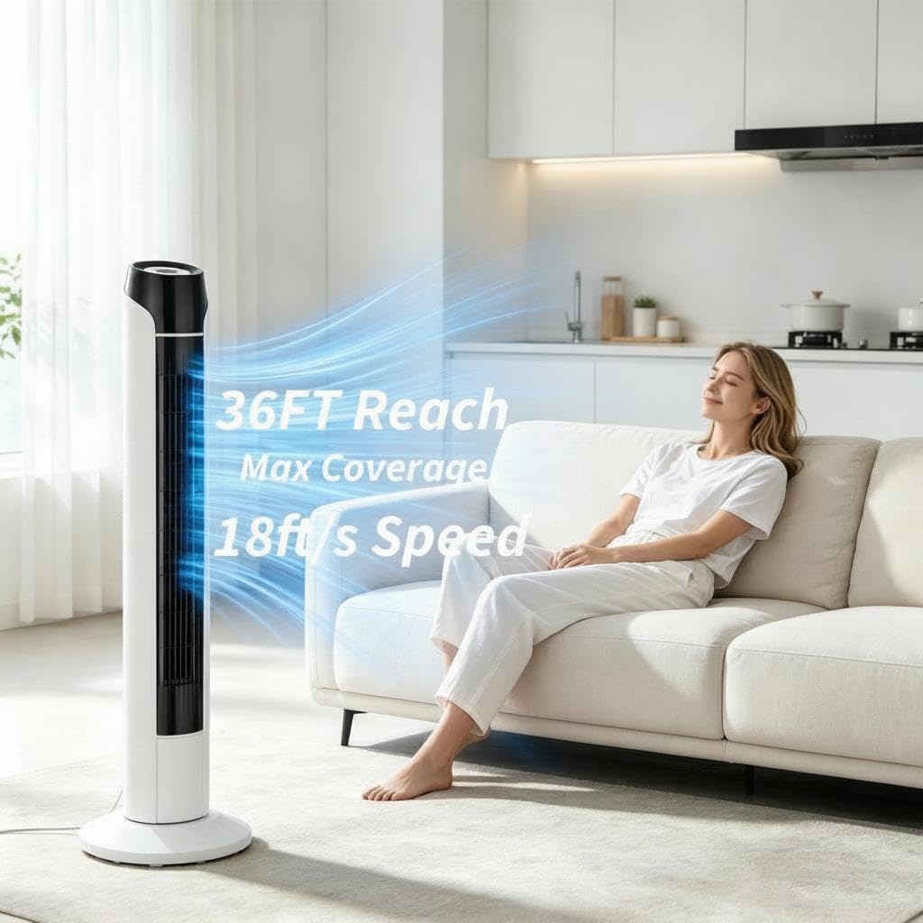 JustSmart Tower Fan - Upgraded DC Motor, 56dB Quiet, 18ft/s Airflow, 60° Oscillating, Remote & Touch Screen