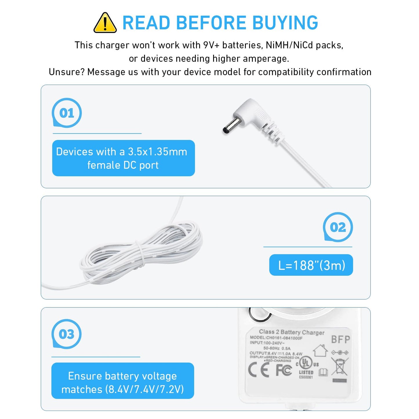 Rollerhouse 8.4V 1A Li-ion Battery Charger Power Adapter for 7.2V,7.4V 8.4V Device, with LED Indicator 3.5x1.35mm Male Plug Connector, L=118", White