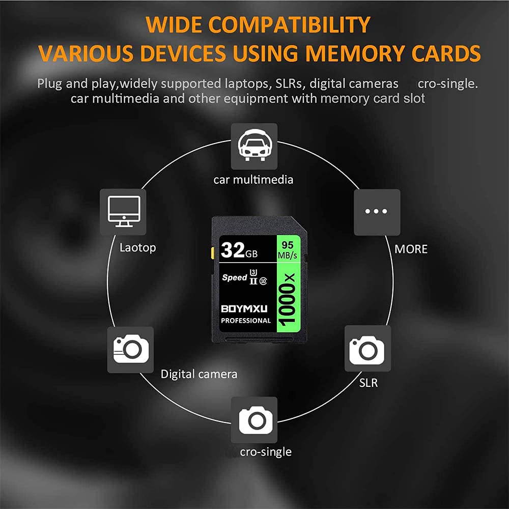 BOYMXU Professional 1000x Class 10 U3 Memory Card - 32GB, Compatible with Computers, Cameras & Camcorders, Up to 95MB/s Read Speed, Green/Black