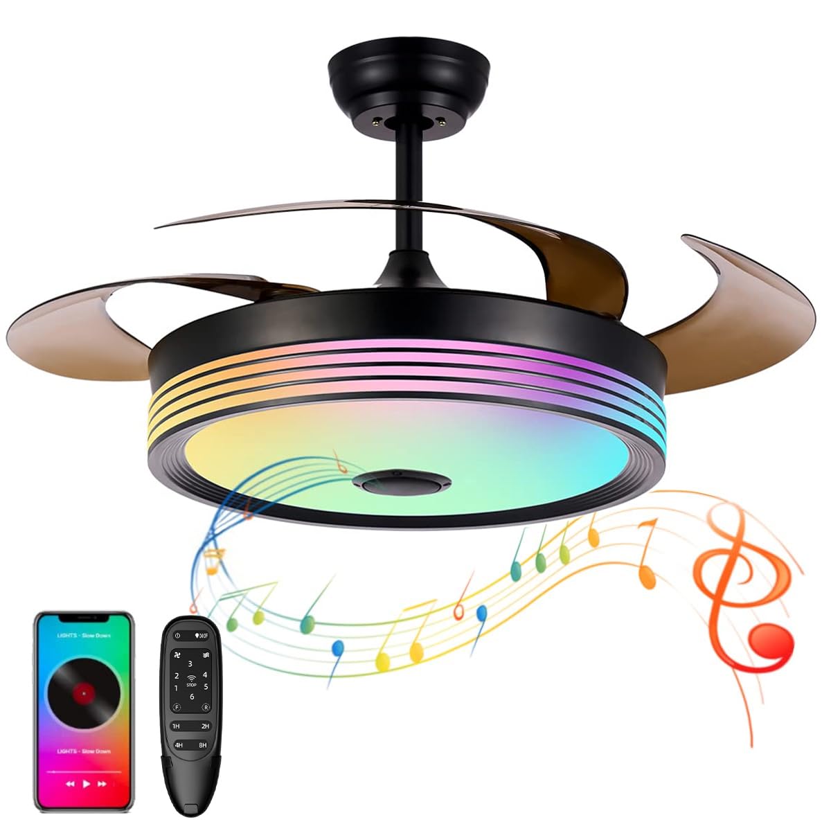 42 inch Modern Retractable Ceiling Fan with Lights and Remote Control, 6Speed Dimmable Fandelier, Smart Ceiling Fan Light with Bluetooth Speaker, RGB