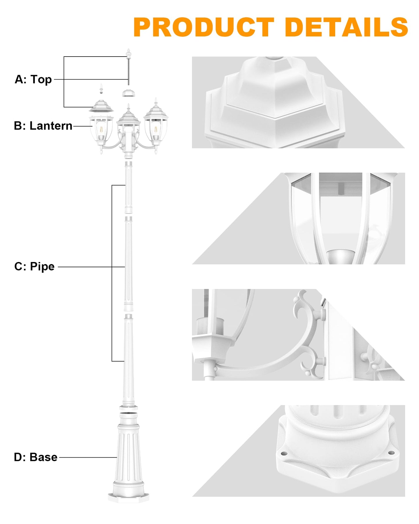 HORTUZZ Lamp Post Outdoor Lighting, 3-Head White Hard Wired Pole Light for Outside, E26 Base Maximum 100W (Bulb Not Included), Waterproof Street Light