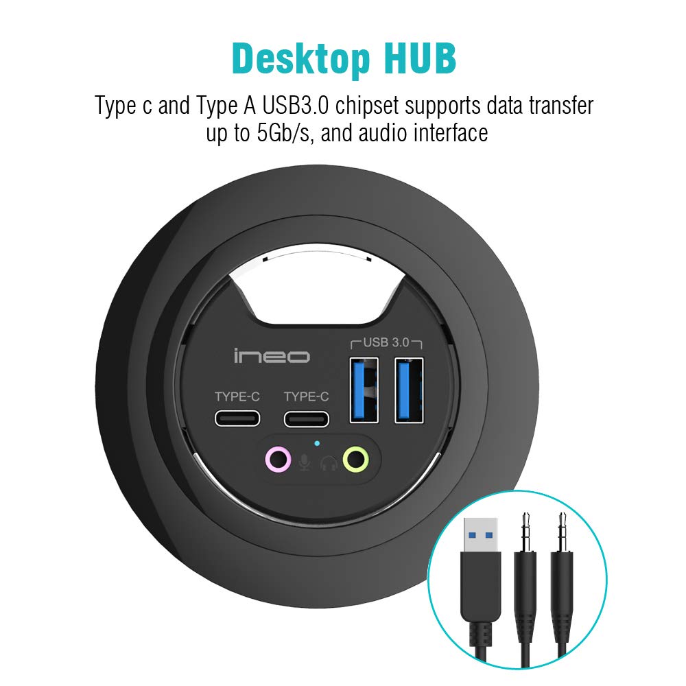 ineo Grommet Desk-Fit (Diameter 2.3" to 2.4") 2Type A + 2Type C with 3.5mm Audio Mic Jack + 3.2" Expandable case (Power is not Included)[THC06 - VI