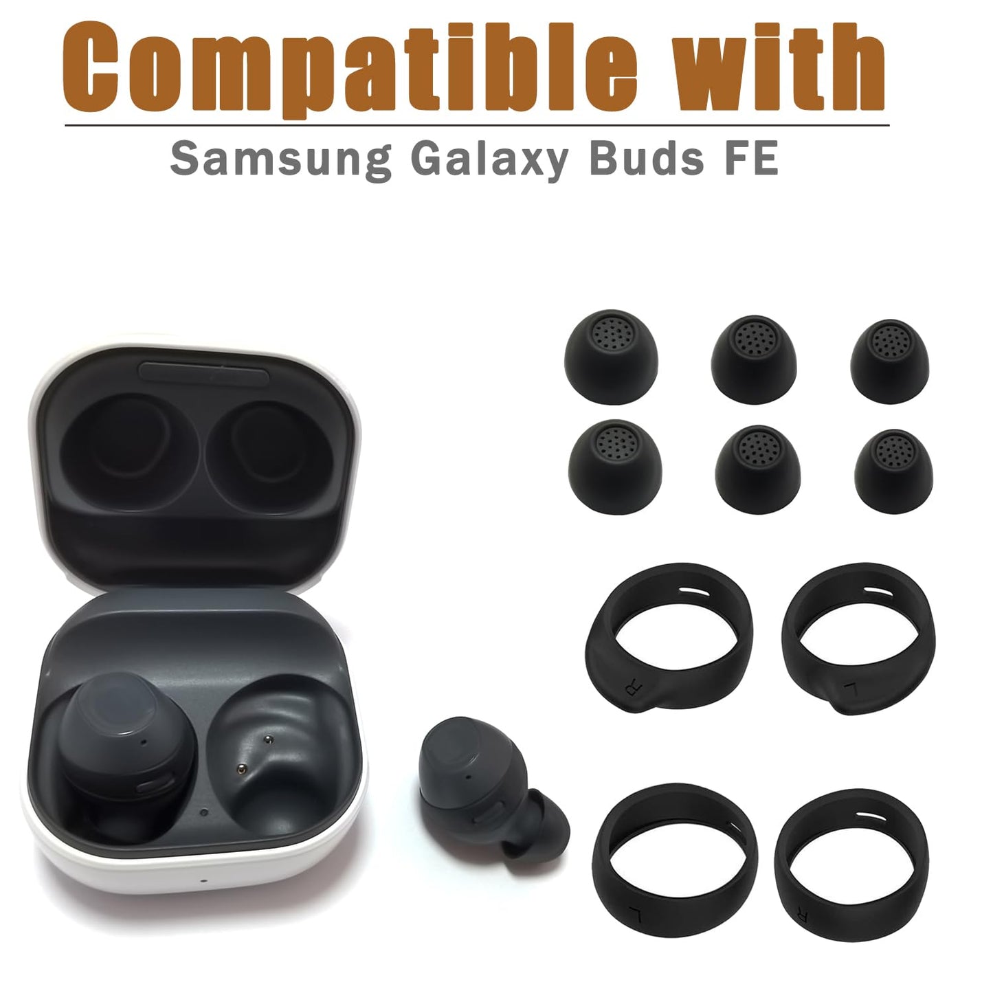 Ear Hooks & Ear Tips for Samsung Galaxy Buds FE - 5-Pair Replacement Earbuds Tips & Accessories (3 Tips L/M/S + 2 Hooks), Case-Compatible Secure Fit…