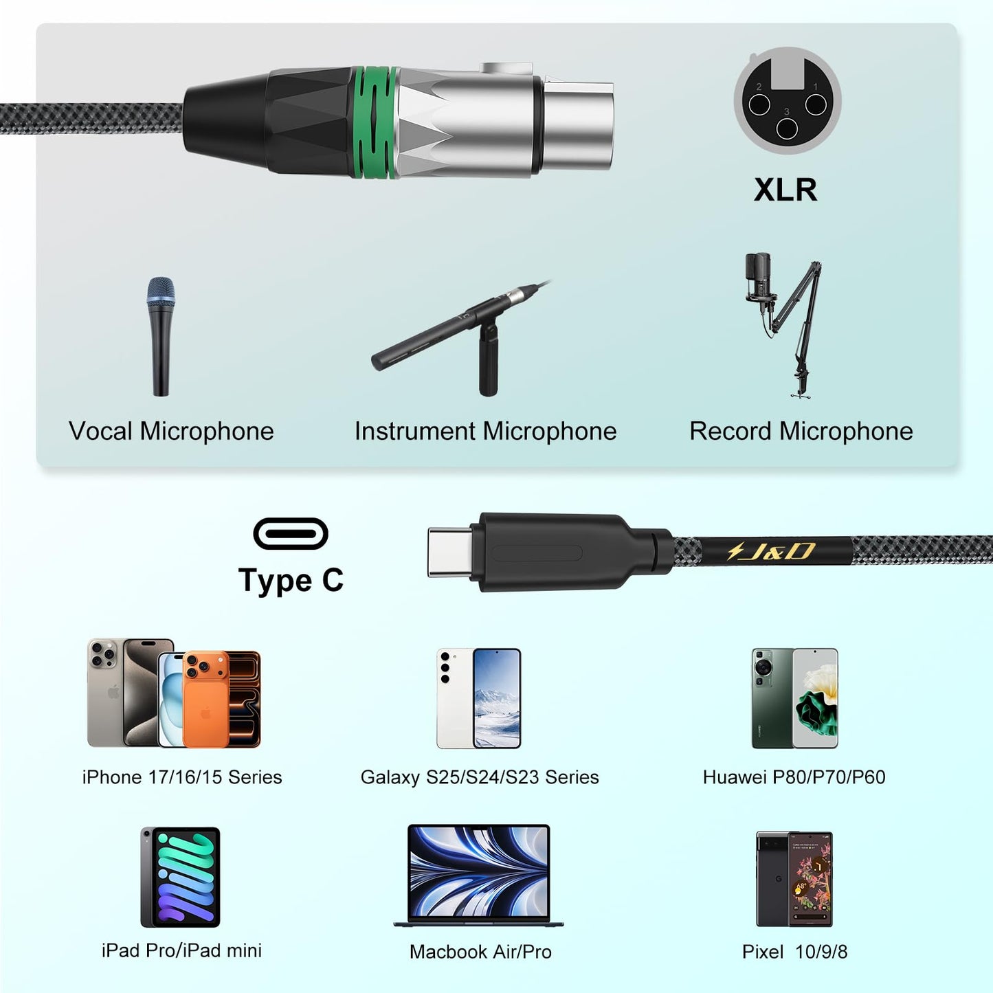 J&D USB C to XLR Microphone Audio Cable for Audio Recording, Dynamic Microphone, Braided USB C to XLR Female Cable Compatible with iPhone 16/17