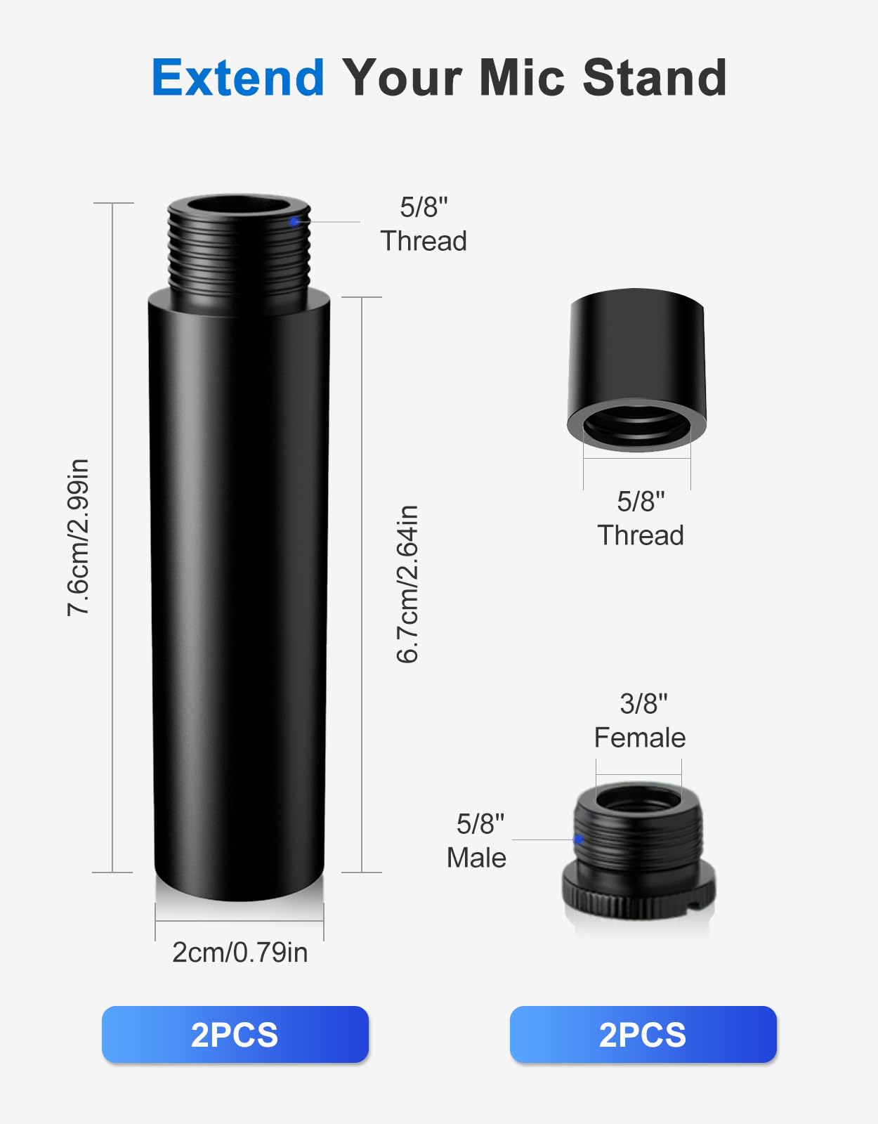 2.99 Inch Mic Stand Extension Tube 2 Pieces 5/8 Inch Microphone Extension Pipe Aluminium Alloy Stand Extenders Screw Boom Tubes with 2 Metal Adapters