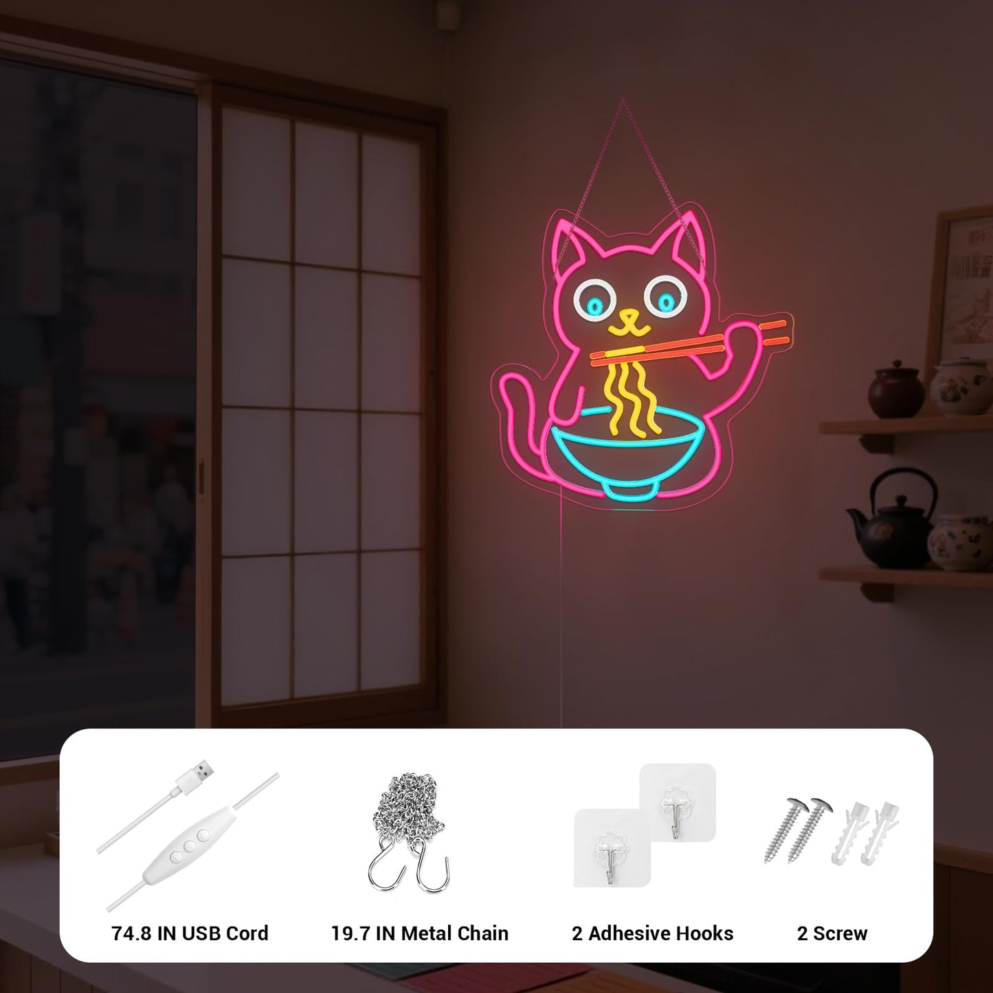 LMHSE Ramen Cat Neon Sign for Wall Decor, Cute Cat Neon Sign Ramen LED Signs for Wall Art Decor Restaurant Home Bar Kitchen Dining Bedroom Art Decor
