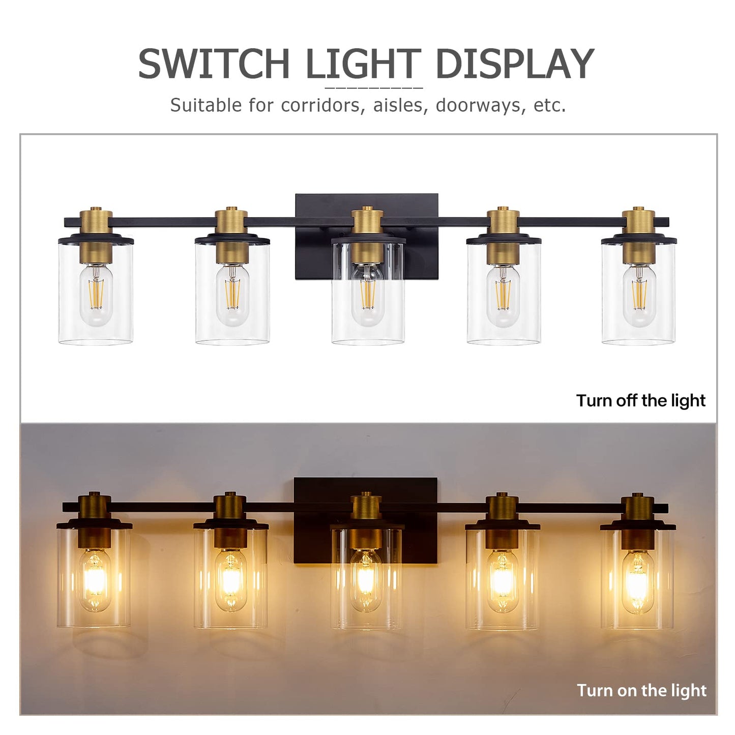 5 Light Bathroom Vanity Light, Black and Gold Bathroom Light Fixtures, Sconces Wall Lighting with Clear Glass Shade, Modern Brushed Gold Vanity