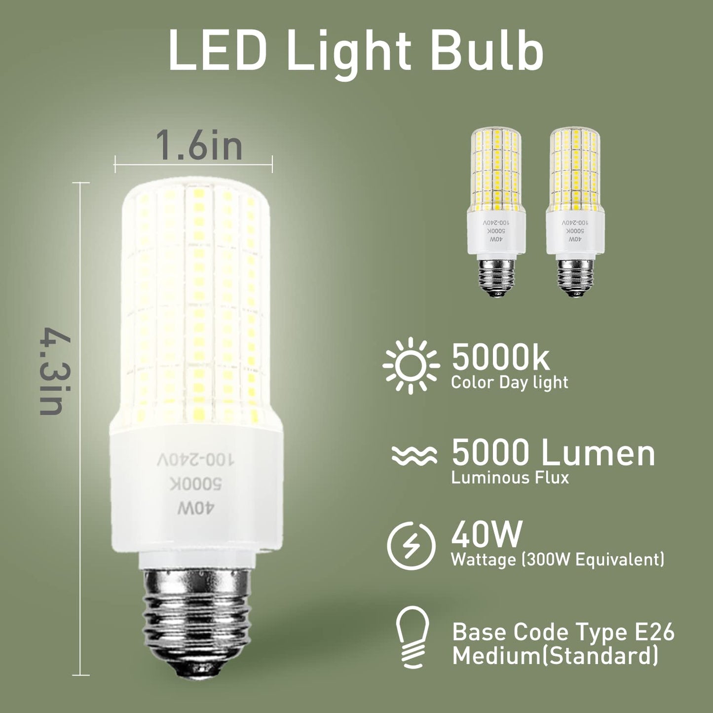 CA New Sunshine 2 Pack 40W Led Light Bulb(300W Equivalent) 5000 Lumens 5000K Daylight White Led Bulbs E26/E27 Medium Base for Indoor Outdoor Street