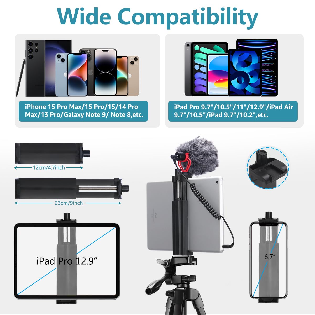 Lusweimi 72-Inch Tripod for ipad iPhone, Camera Tripod for Phone with 2 in 1 Phone Holder for Cell Phone/Tablet/Webcam/Gopro with Carry Bag