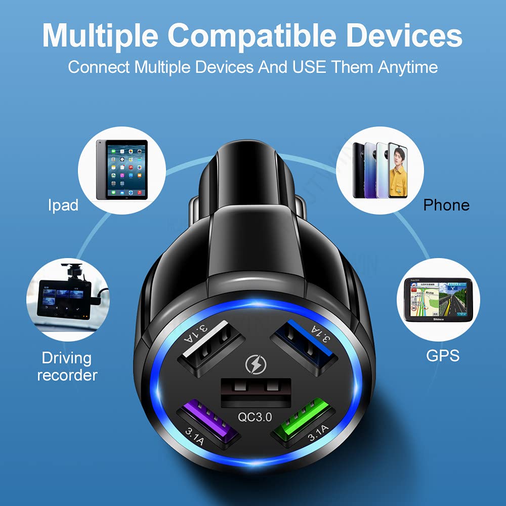 Alanph Car Charger Adapter, 5 Port QC3.0 Fast Charging Car Cigarette Lighter USB Charger, Compatible with iPhone, Android, Samsung, iPad Pro, and More