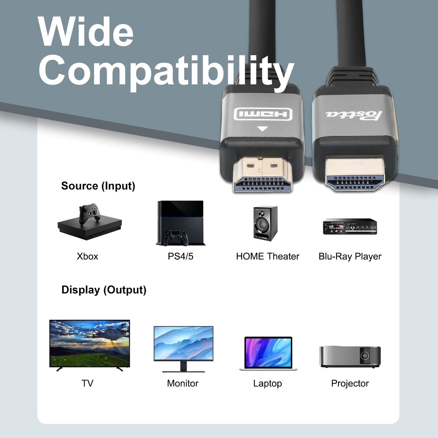 Postta HDMI 2.0V Cable(100 Feet) with Built-in Signal Booster-Support 3D,1080P,Ethernet,Audio Return-1 Pack(Grey)
