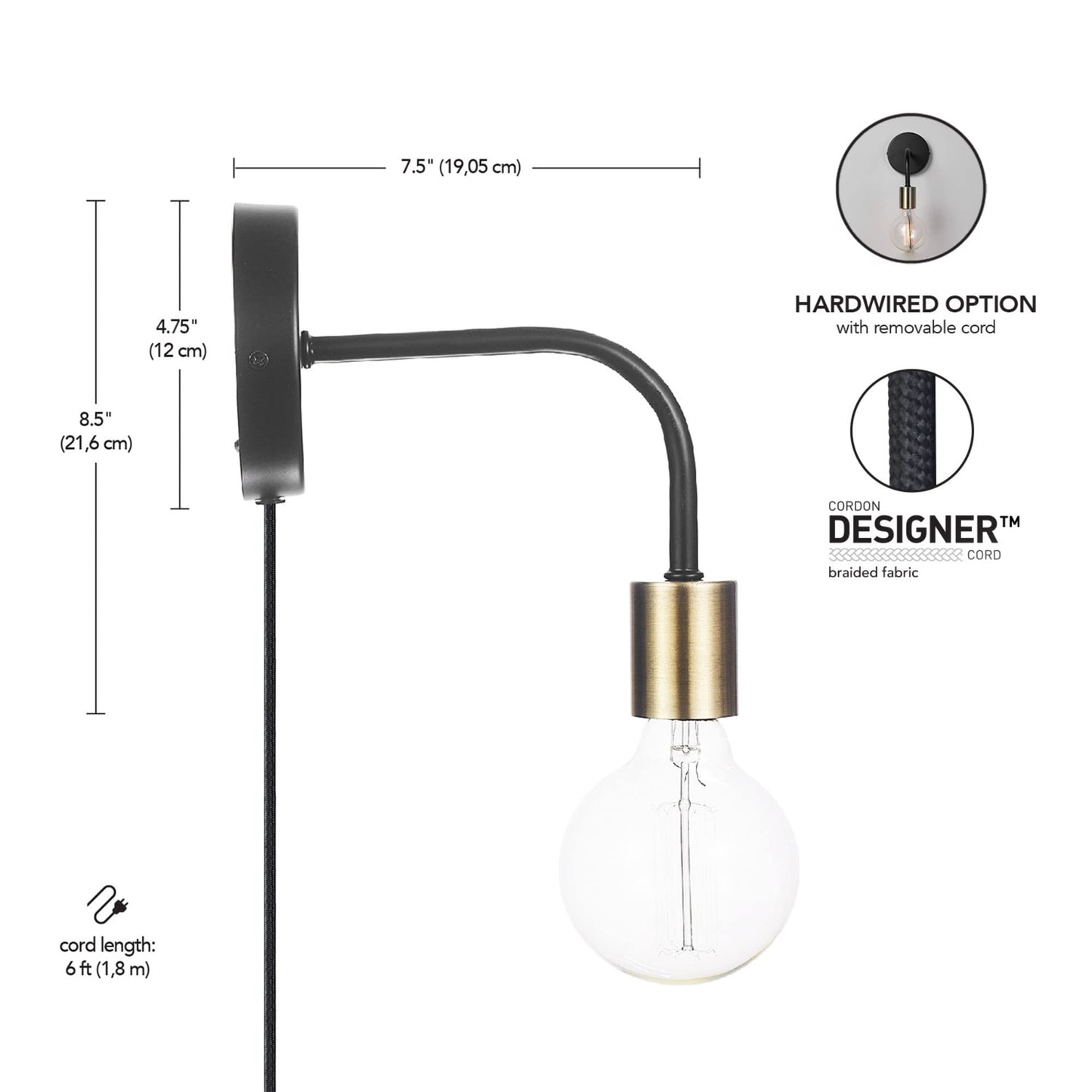 Globe Electric 52103 1-Light Long Arm Plug-in or Hardwire Wall Sconce, Matte Black, Matte Brass Socket, Wall Lights for Living Room, Bedroom, Den