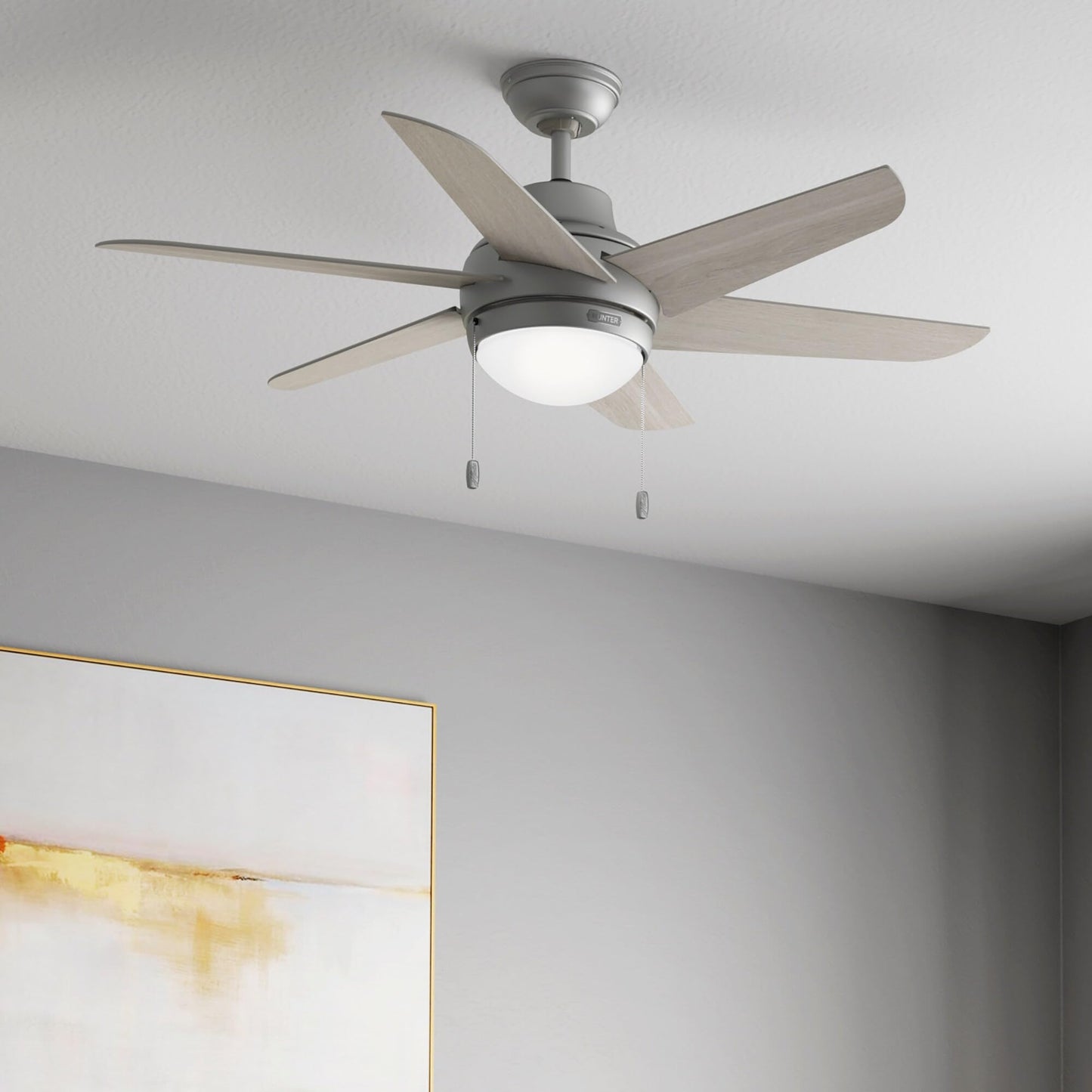 Hunter Fan 48 Inch Matte Silver Indoor Ceiling Fan with Light and Pull Chain for Bedroom, Living Room/Family Room, Office, Basement, Kitchen, Dining