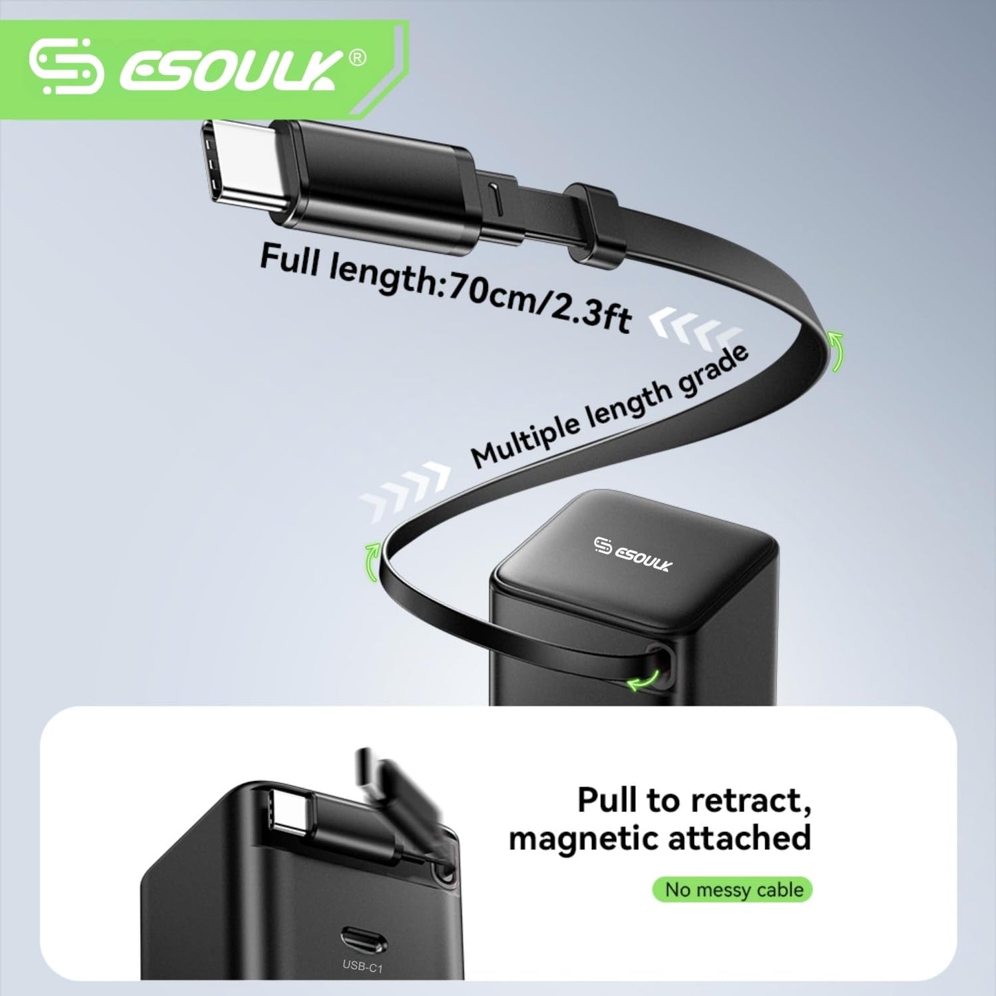 [Esoulk] 65W GaN USB C Charger with 27.5" Retractable Cable, Dual Port Fast Charger with Foldable Plug for iPhone, MacBook & Samsung