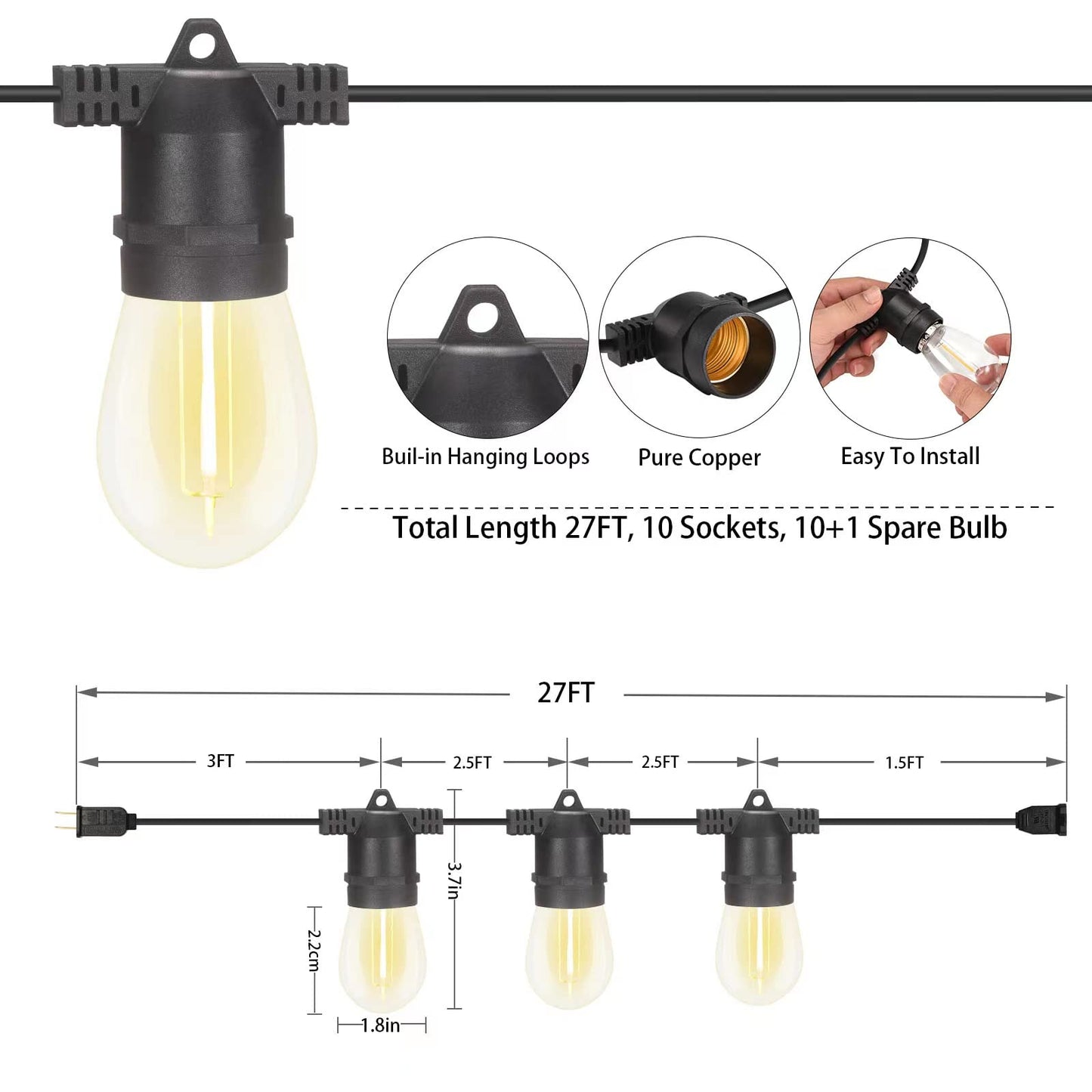 alitade S14 LED Outdoor String Lights, Shatterproof IP65 27Ft (Maximum 918Ft) for Patio Lightings Outdoor Waterproof, Outside Lights for Outdoor