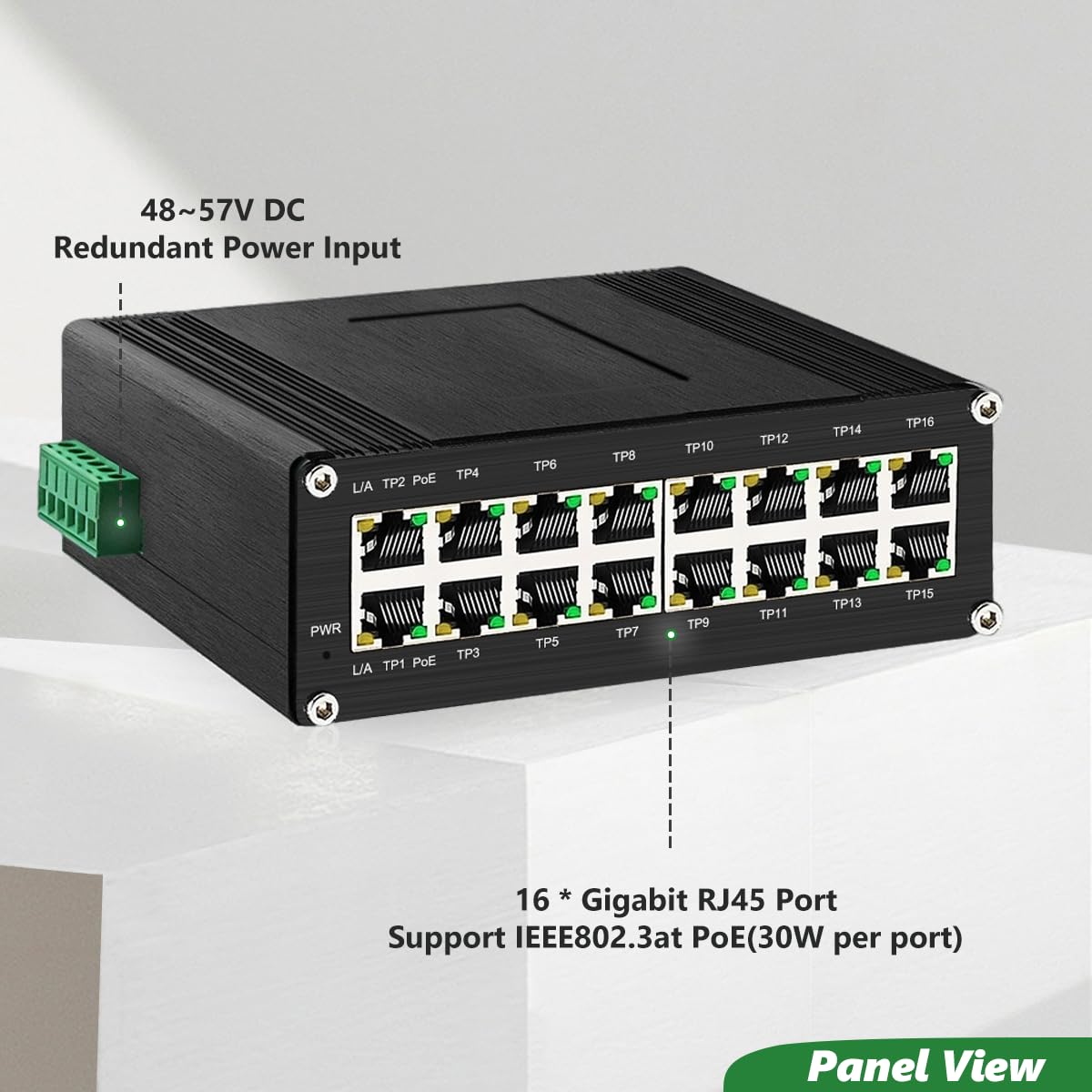 16-Port PoE Ethernet Switch 10/100/1000Mbps, Full Gigabit Port Support IEEE802.3at PoE(30W per Port),48-57VDC Power Input, DIN-Rail Mount