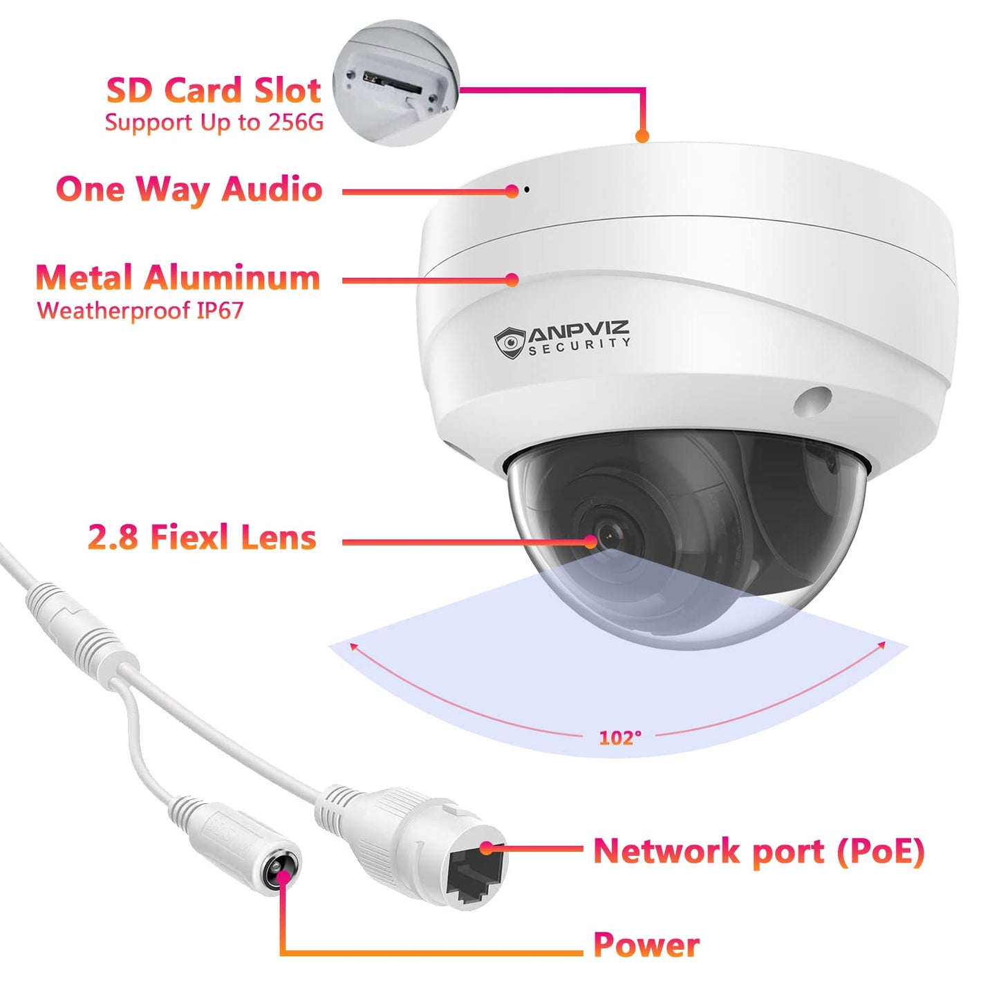 Anpviz 4K 8MP PoE IP Security Dome Camera with Audio Indoor Outdoor, Wide Angle 2.8mm Lens, Night Vision 98ft, IP67 Weatherproof