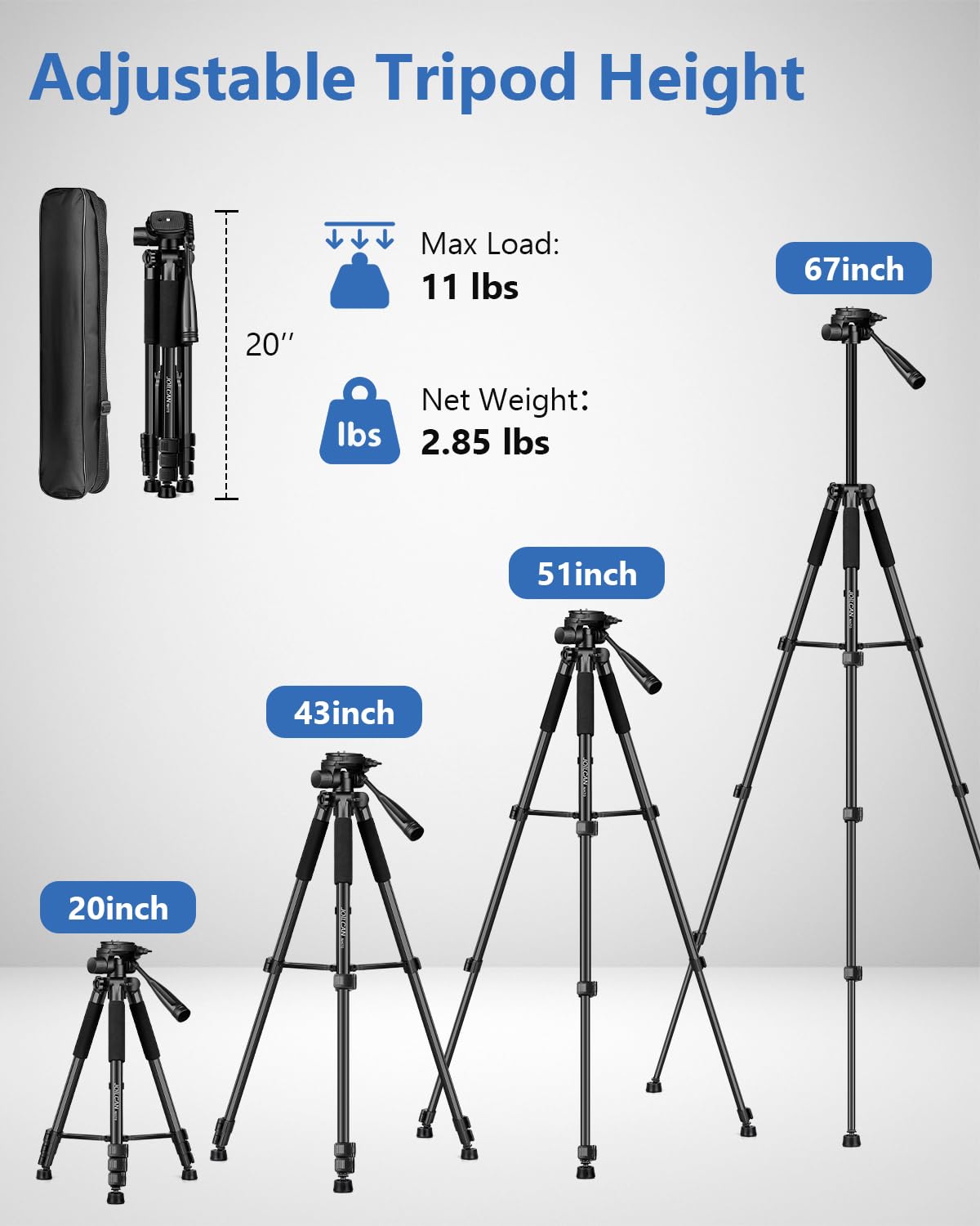 JOILCAN 67" Phone iPad Tripod, Professional Camera Tripod Stand for Tablet iPhone with 2-in-1 Holder & Carry Bag, Extendable Travel Tripod