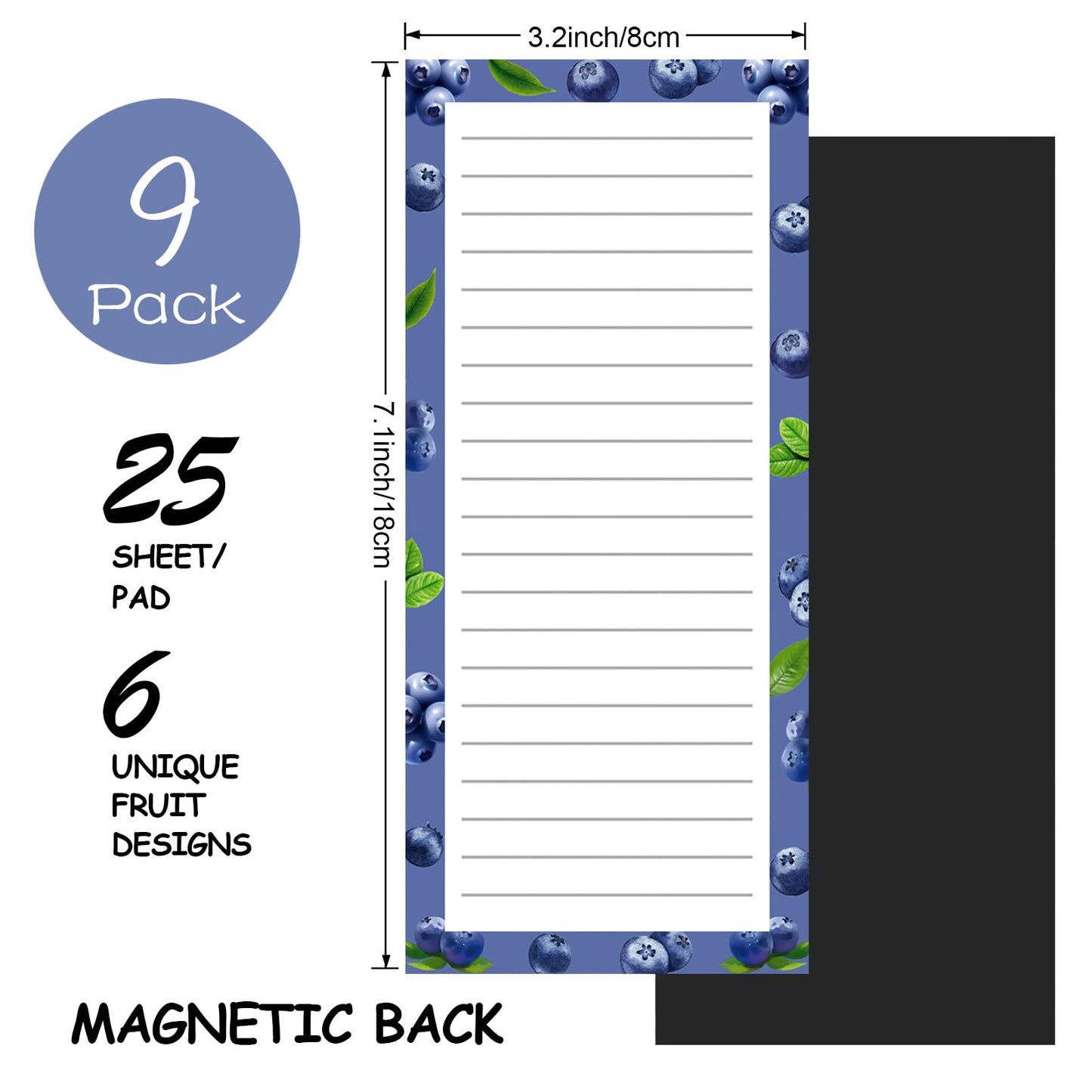 Joyberg 9 Pack Magnetic Notepads for Refrigerator, Magnetic Notepads for Refrigerator, Fruit Design Grocery List Pad for Fridge, Full Magnet Back