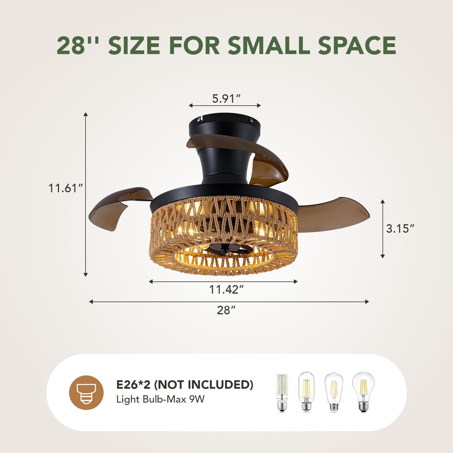 SPACORA 28'' Retractable Ceiling Fan with Lights and Remote, Flush Mount Small Caged Ceiling Fan Farmhouse Boho Fandelier Invisible Blades 6 Wind