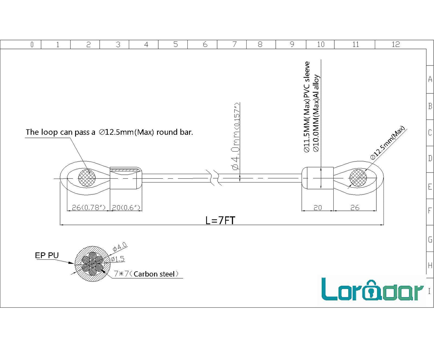 LORADAR 4mm Thick?5/32"? 7FT Thin Security Braided Coated Cable Anti-Lost Steel Cable Luggage Lock Double Loop Steel Cable (7FT)