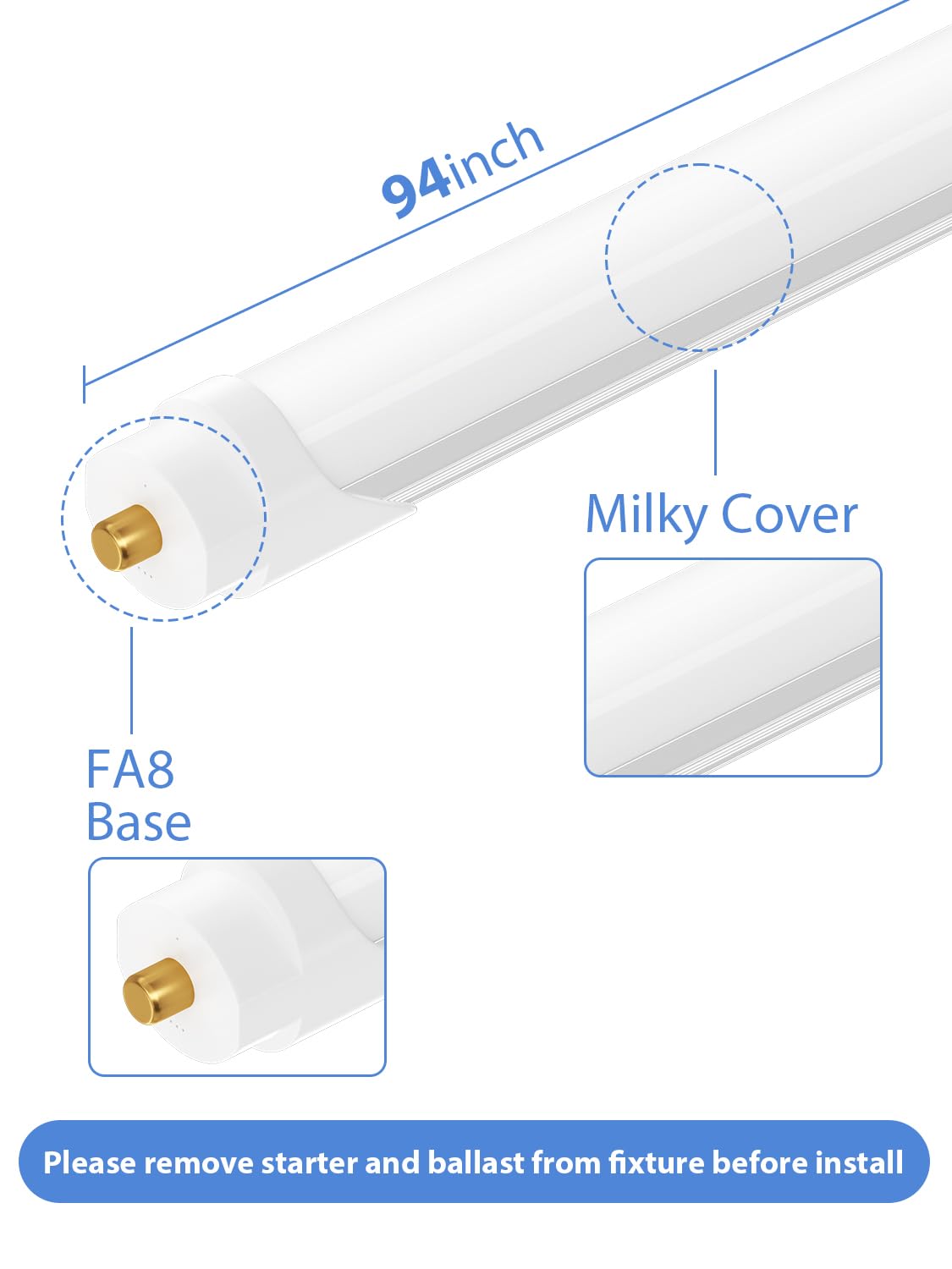 ONLYLUX 8ft LED Bulbs,12 Pack 45W 5400LM, 6000k, Milky Cover