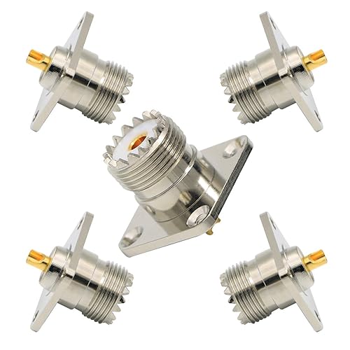 Zovfam 5-Pack SO239 Connector UHF Female Panel Chassis Mount, Pure Brass 4-Hole Flange Solder Cup, Heat-Resistant & Low Loss RF Coaxial Adapter