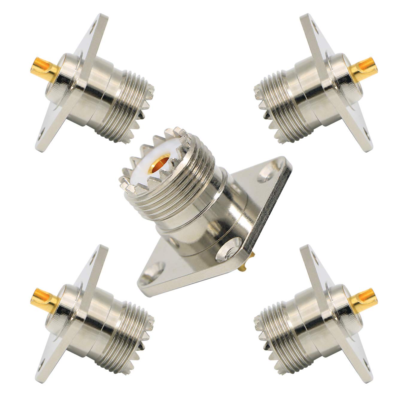Zovfam 5-Pack SO239 Connector UHF Female Panel Chassis Mount, Pure Brass 4-Hole Flange Solder Cup, Heat-Resistant & Low Loss RF Coaxial Adapter