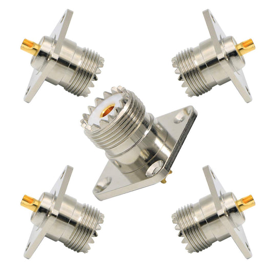 Zovfam 5-Pack SO239 Connector UHF Female Panel Chassis Mount, Pure Brass 4-Hole Flange Solder Cup, Heat-Resistant & Low Loss RF Coaxial Adapter