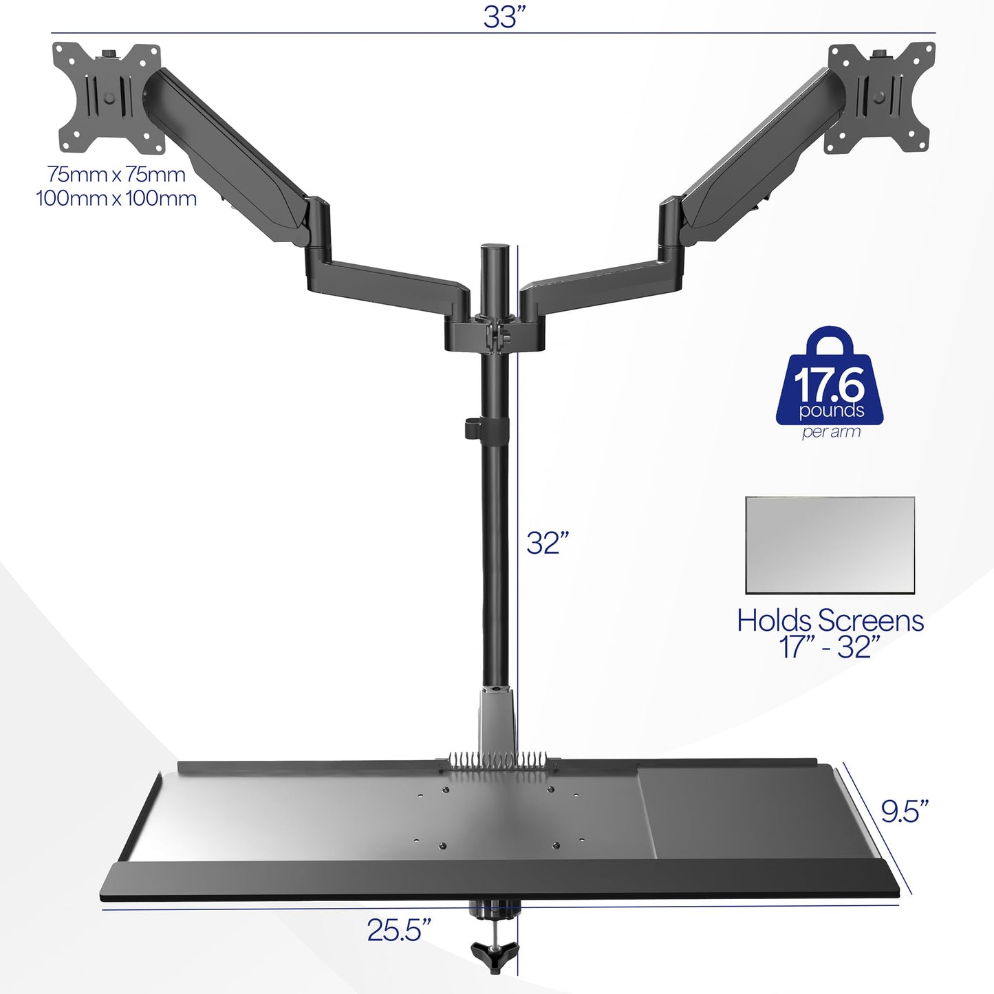 VIVO Black Dual Monitor Sit-Stand Height Adjustable Workstation, Standing Desk Mount with Pneumatic Spring, Holds 2 Screens up to 32 inches