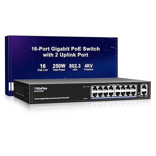 18 Port Gigabit PoE Switch with 16 Port PoE+ 1000Mbps, 2x1000Mbps Uplink, GiGaPlus 18 Port IEEE802.3af/at PoE @250W, Support VLAN, Metal Housing