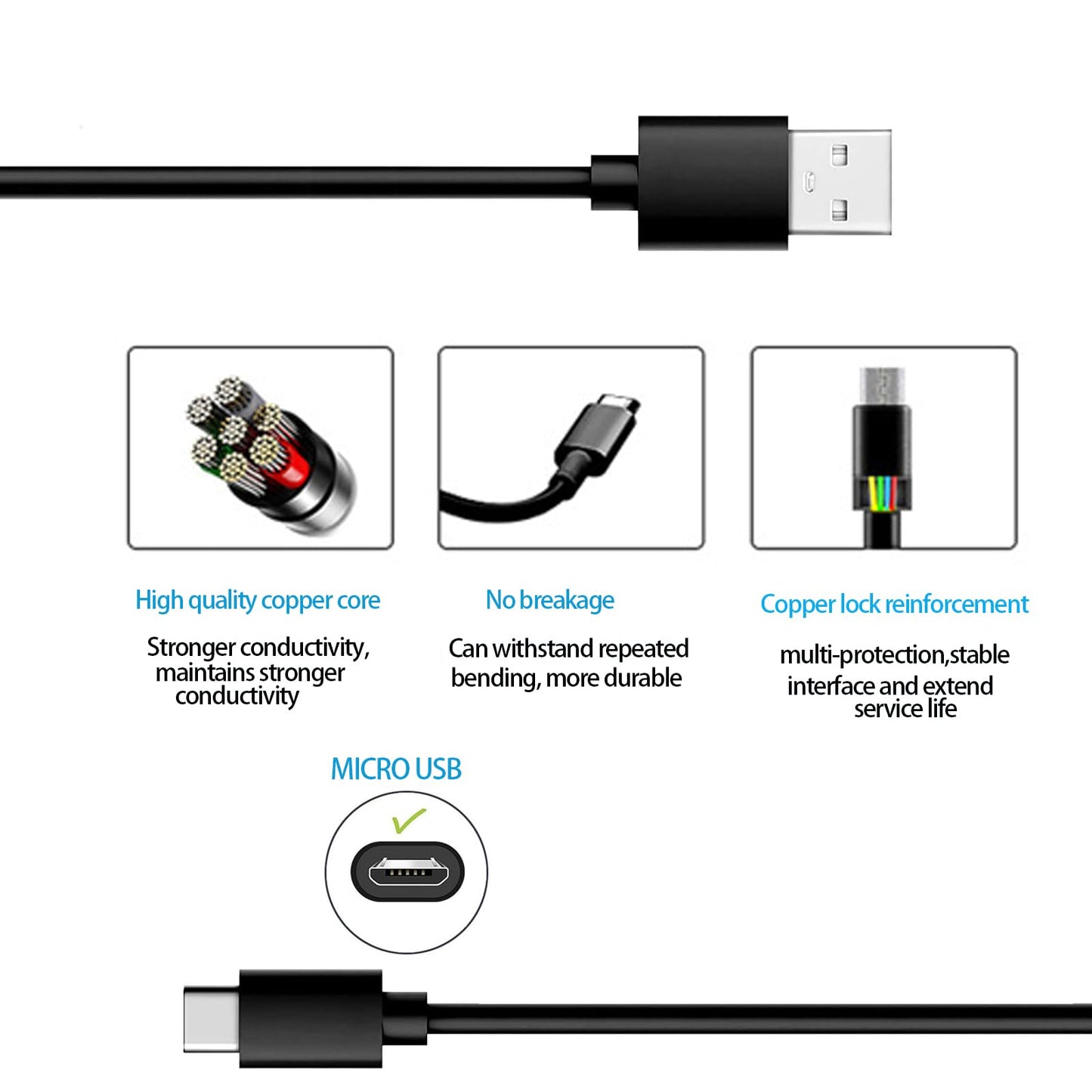 FSQWUR Mirco USB Charger Charging Cable Compatible with Fit for Keyboard Cover, Rii, Fintie, logitech K800 Y-R0011, Corsair K57 K63 K83 Replacement