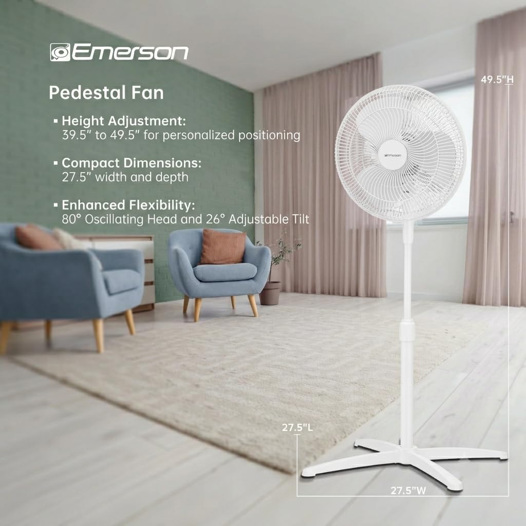 Emerson 16-inch Oscillating Pedestal Fan with Precision 3-Speed Wind Control and Adjustable Tilt and Height, White