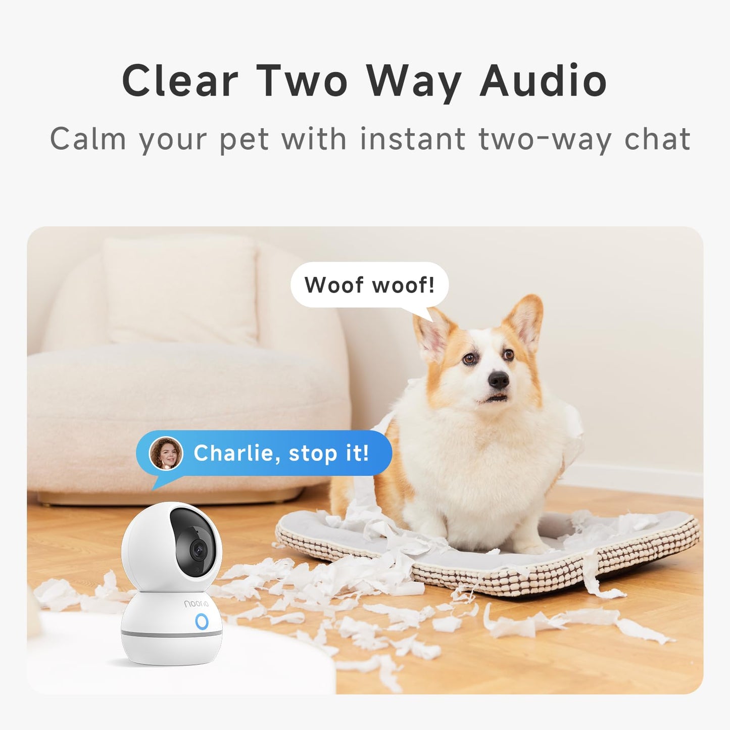 Noorio Security Camera Indoor, 4MP UHD Pet/Dog Camera 360-Degree for Home Security, One-Touch Call, Auto Motion Tracking, Night Vision, 2.4G Only
