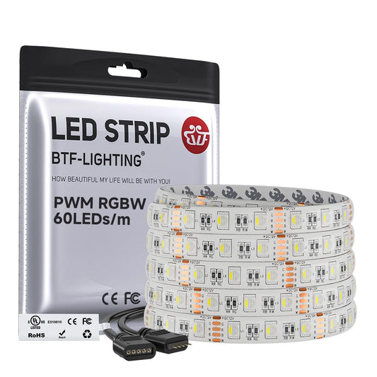 BTF-LIGHTING RGBW LED Strip Lights,UL Listed,5050 4 Colors in 1 RGB + 6000K-7000K Cool White,12V DC,16.4ft/5m 60LEDs/m 12mm White PCB, IP65 Waterproof