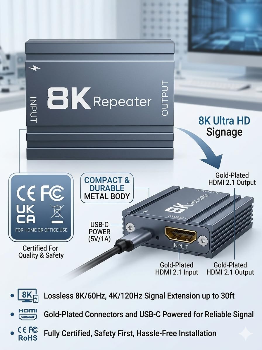 KSRplayer 8K HDMI 2.1 Active Repeater, 52ft Extender for 8K60/4K120