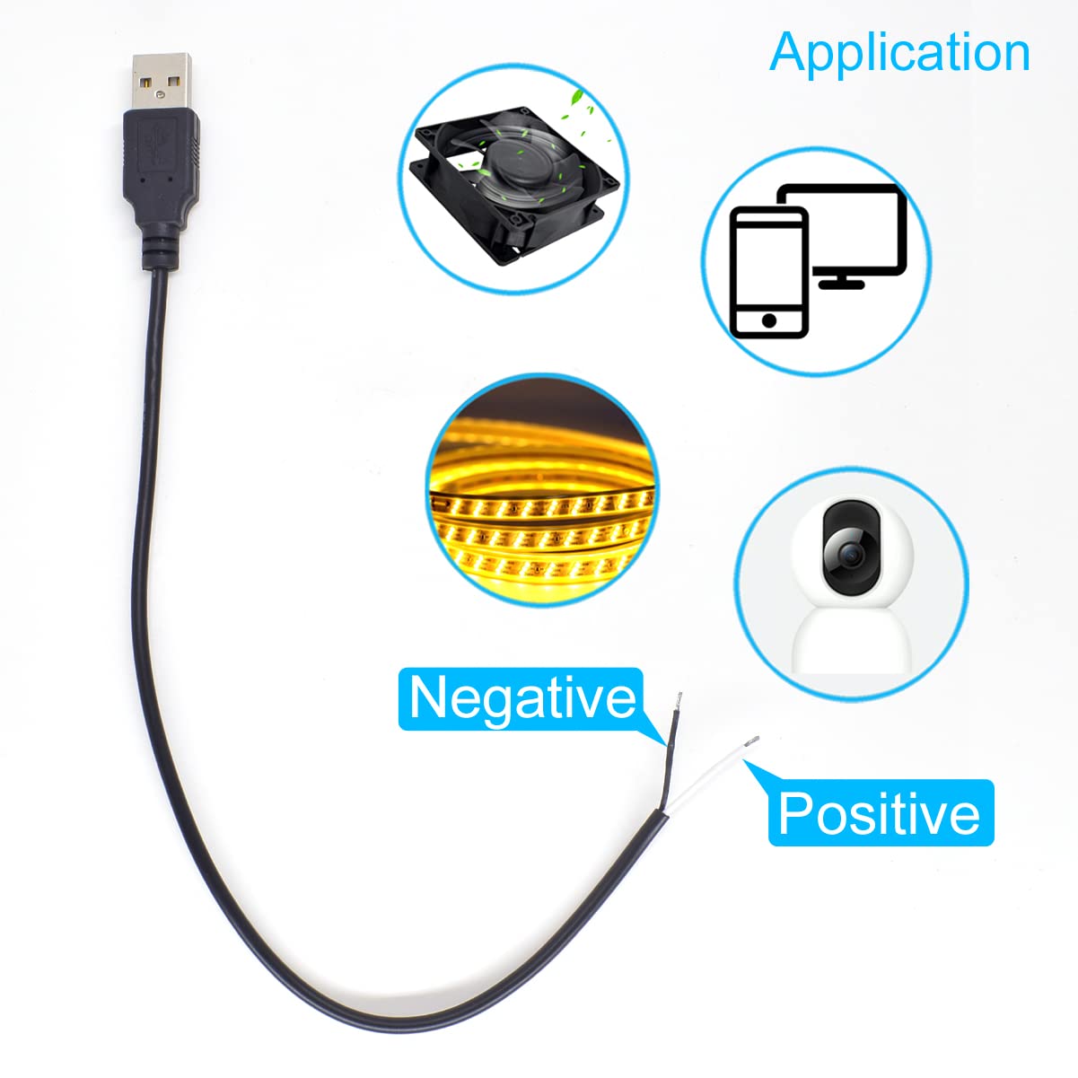 Short Charging USB 2 Wire Pigtail Cable (4 Pack 12 Inch) 30cm 22AWG 3A Black USB Male Power Cable Plug Cord